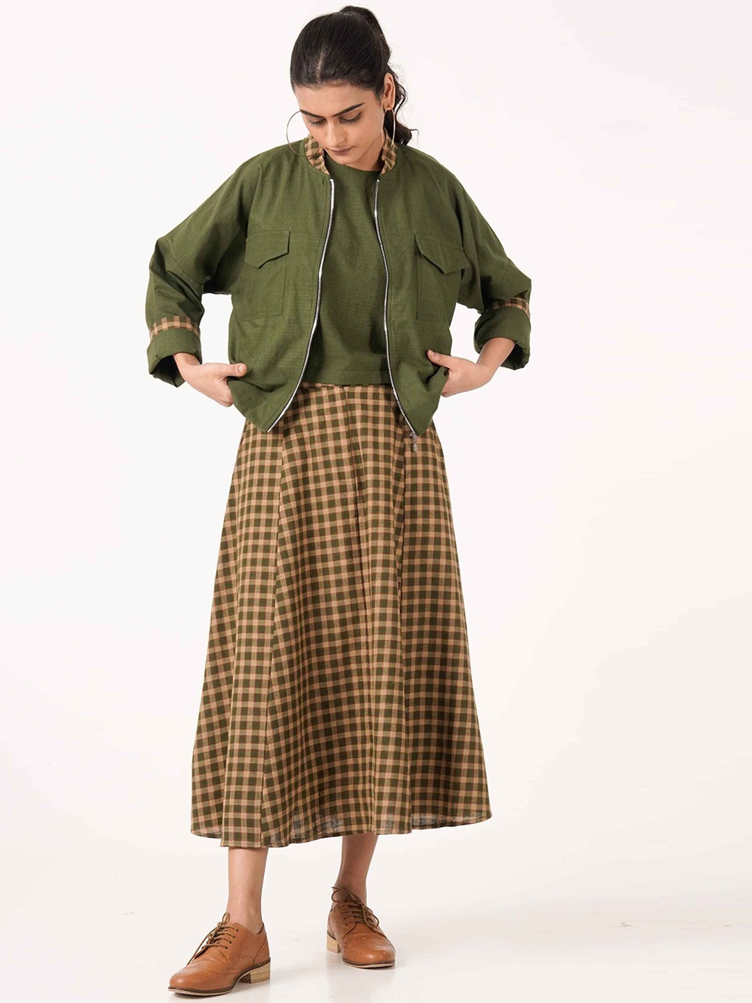 

the kaatn trail High Neck Pure Cotton Plaid & Mate Set, Olive