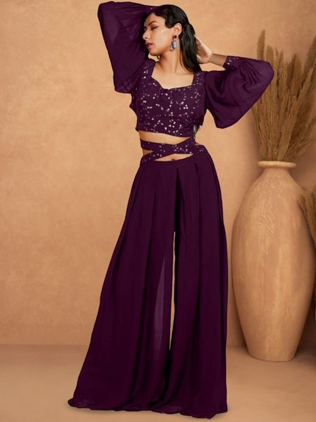 

PARROT CREATION Floral Embroidered Poly Georgette V-Neck Crop Top With Palazzos, Purple