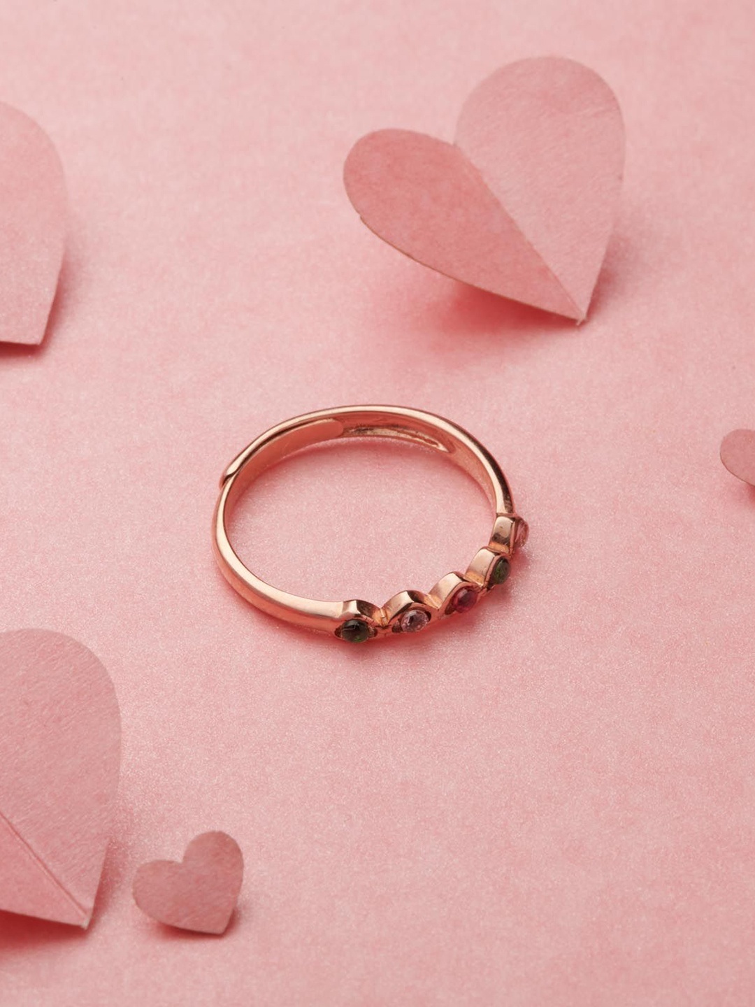

Gargi by P. N. Gadgil & Sons 925 Sterling Silver Stones Studded Adjustable Finger Ring, Rose gold