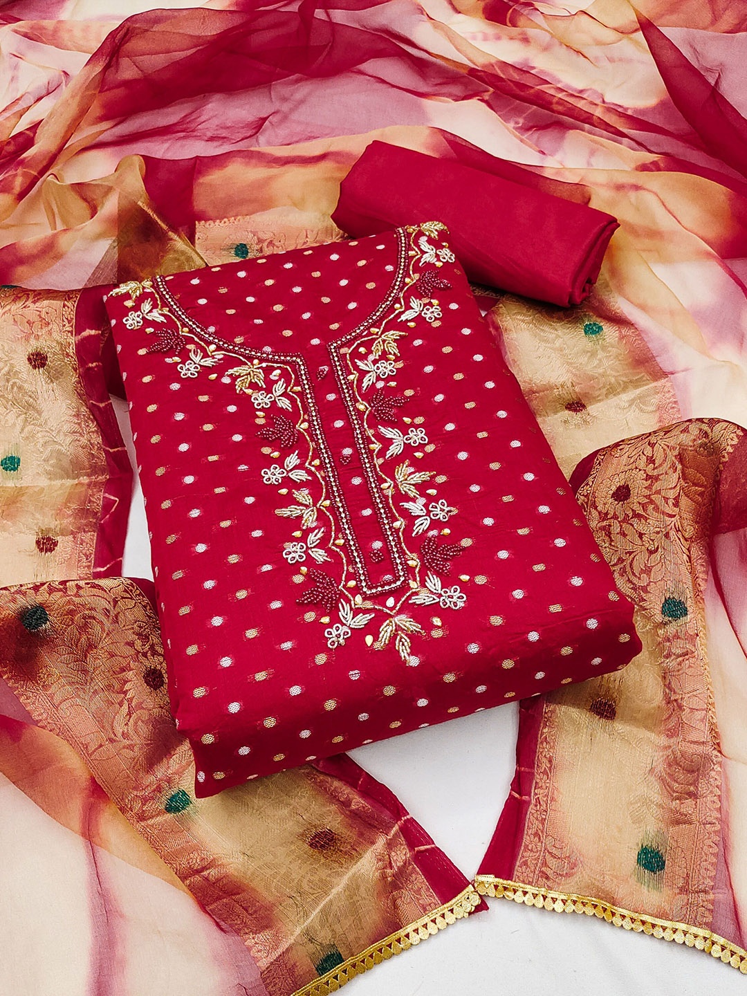 

SAINOOR Floral Woven Design Beads Work Modal Cotton Unstitched Dress Material, Maroon