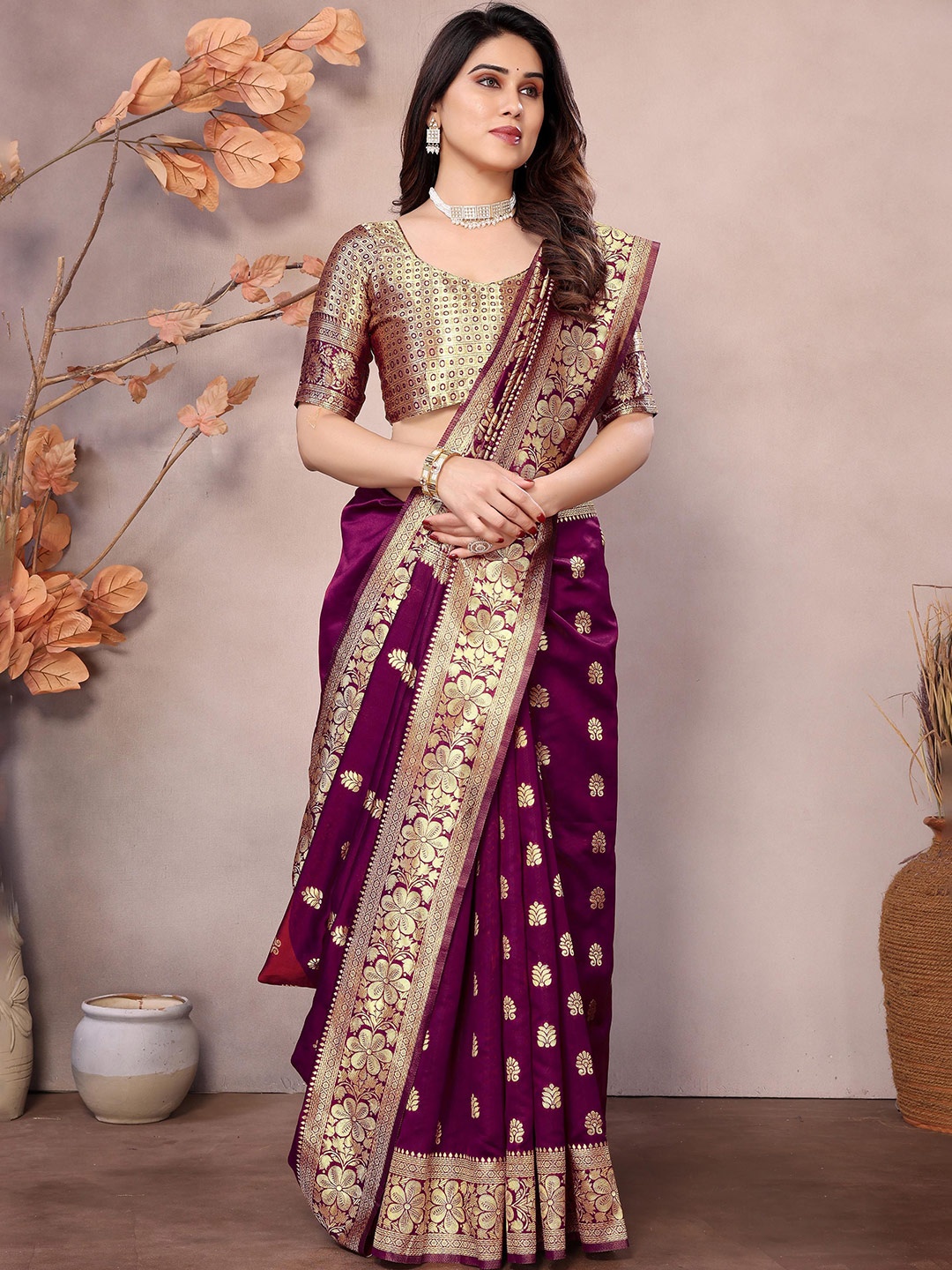 

WEAREZEE Woven Design Silk Blend Designer Saree, Purple