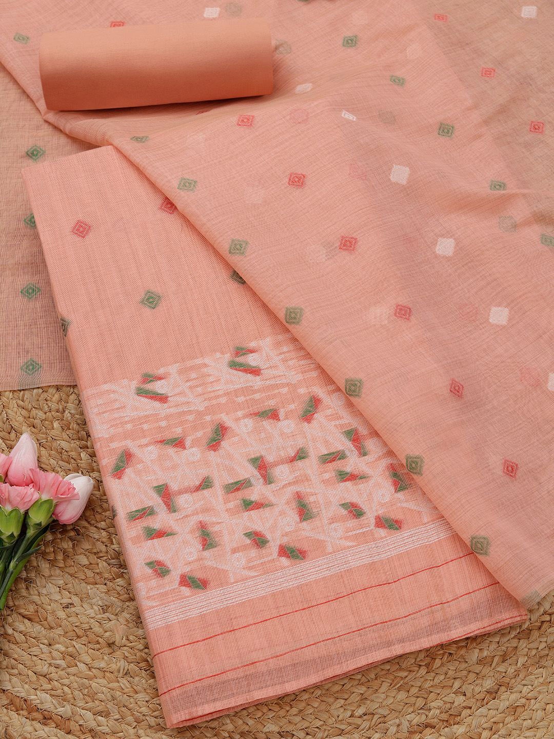 

Soch Geometric Woven Design Zari Chanderi Unstitched Dress Material, Peach