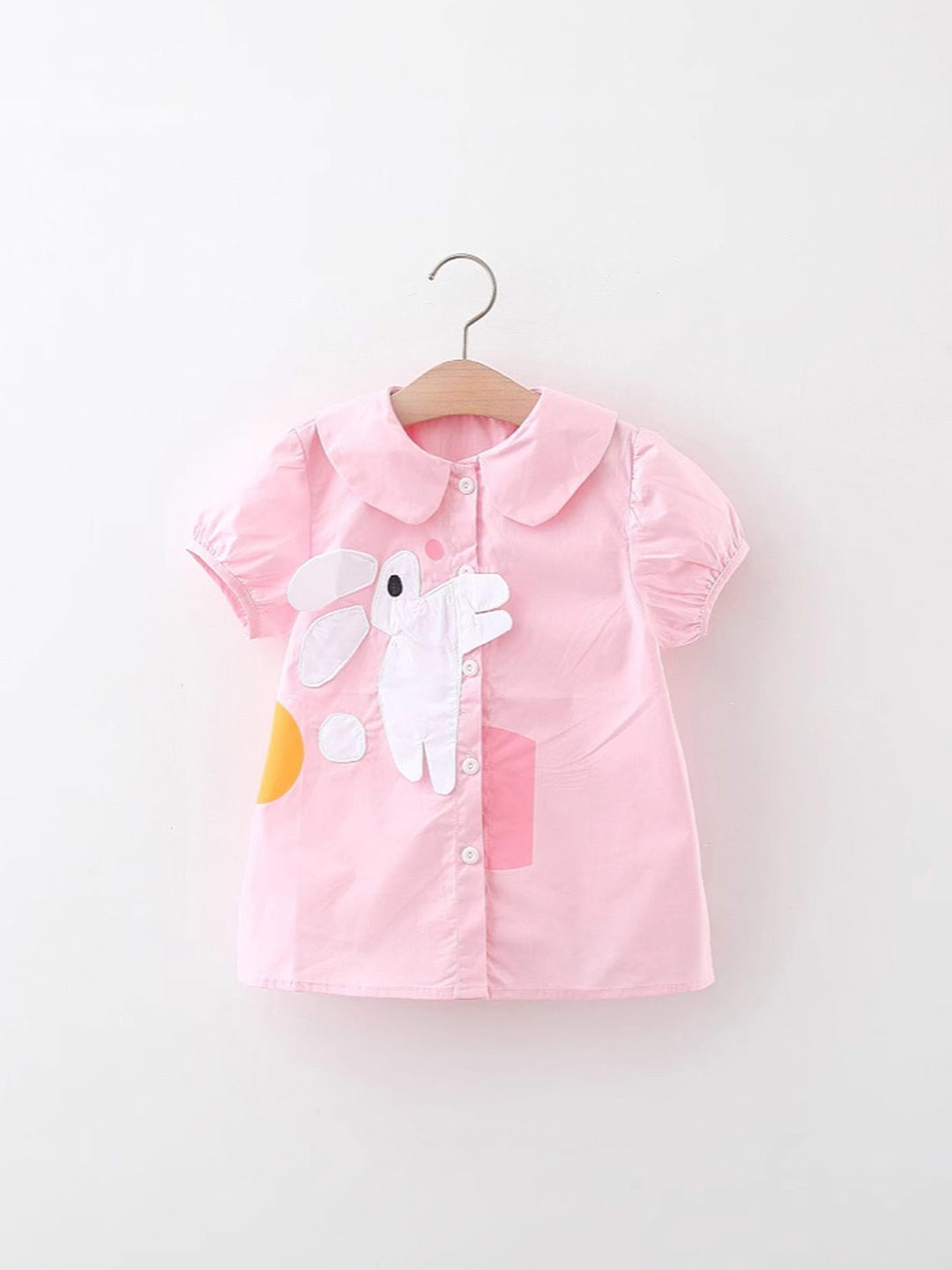 

LULU & SKY Girls Pink Applique Detail Puff Sleeves Peter Pan Collar Shirt Dress