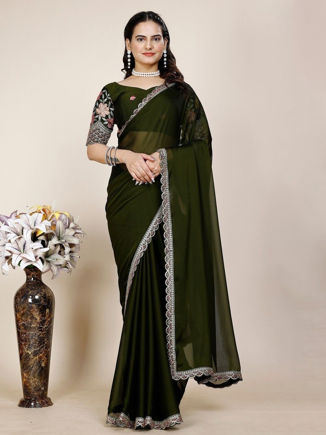 

K 5 Fashion Embroidered Pure Chiffon Saree, Olive