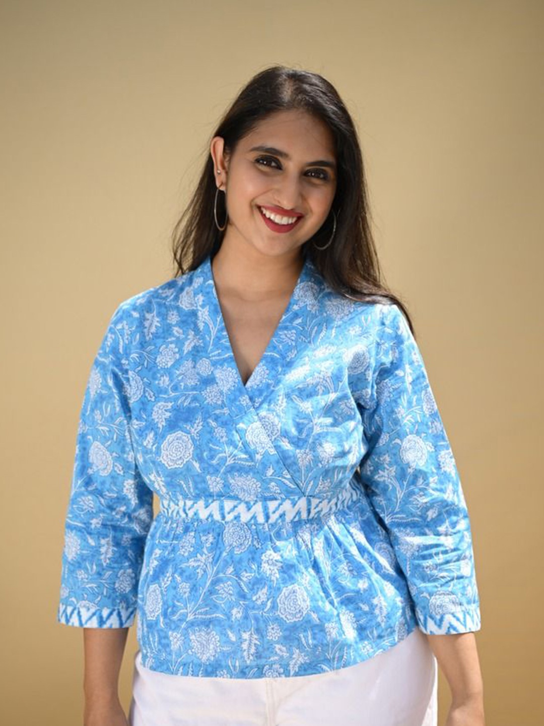 

Amaya Floral Print Cotton Wrap Top, Turquoise blue