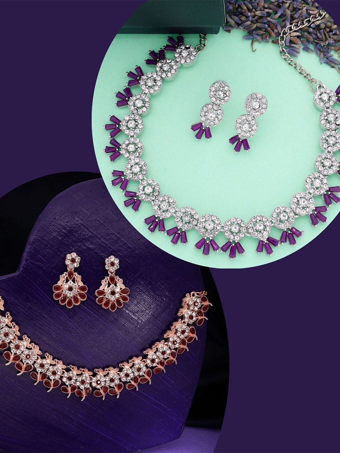 

DIVASTRI Set Of 2 Rose Gold & Silver-Plated American Diamonds Studded Jewellery Set
