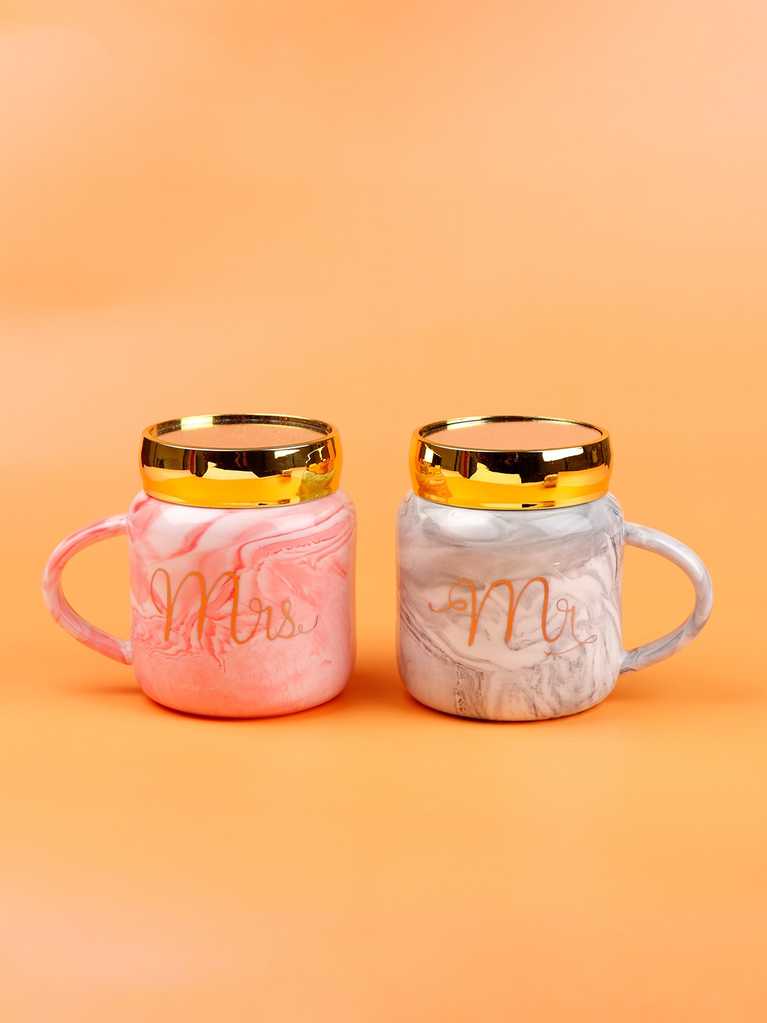 

Archies Grey & Pink 2 Pieces Mr & Mrs Printed Matte Ceramic Couple Tumblers