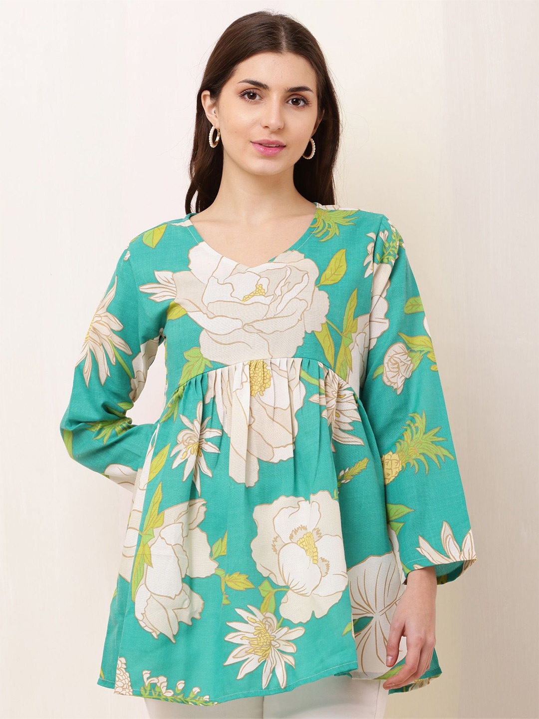 

Bright Nex Floral Print Cotton Longline Top, Sea green