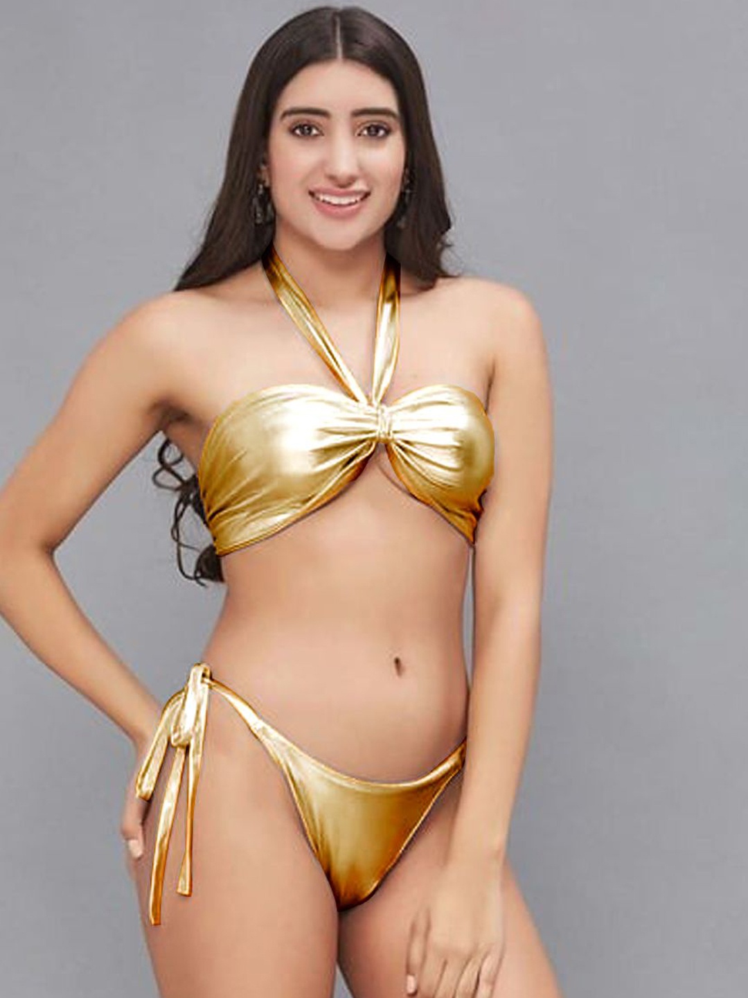 

FIMBUL Halter Neck Tie Ups Bikini Set, Gold