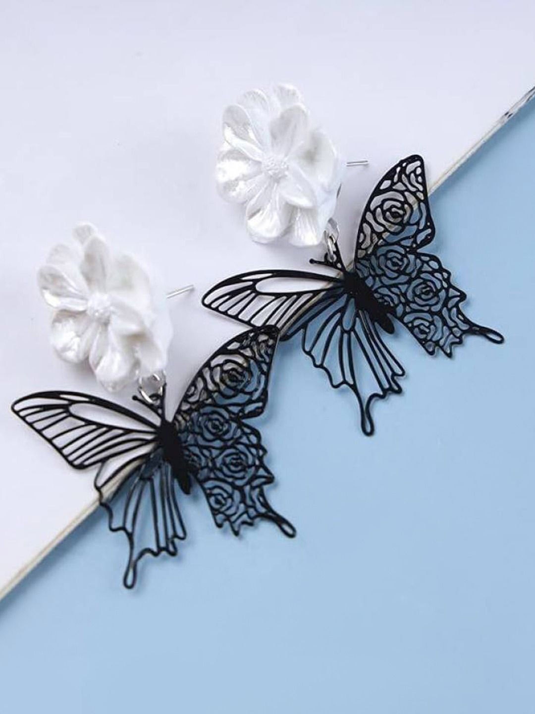 

styledose Korean Sterling Silver Floral Butterfly Shaped Drop Earrings, White