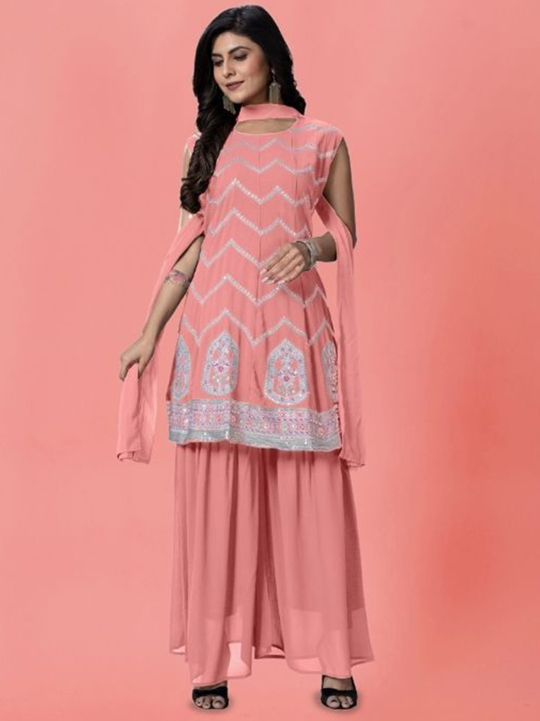 

PARROT CREATION Chevron Embroidered Georgette A-Line Kurti With Palazzo And Dupatta, Peach