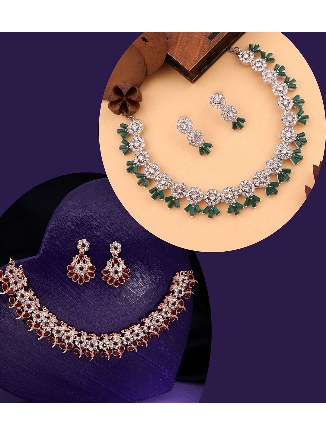 

DIVASTRI Set Of 2 Silver-Plated American Diamond Stone Studded Jewellery Set