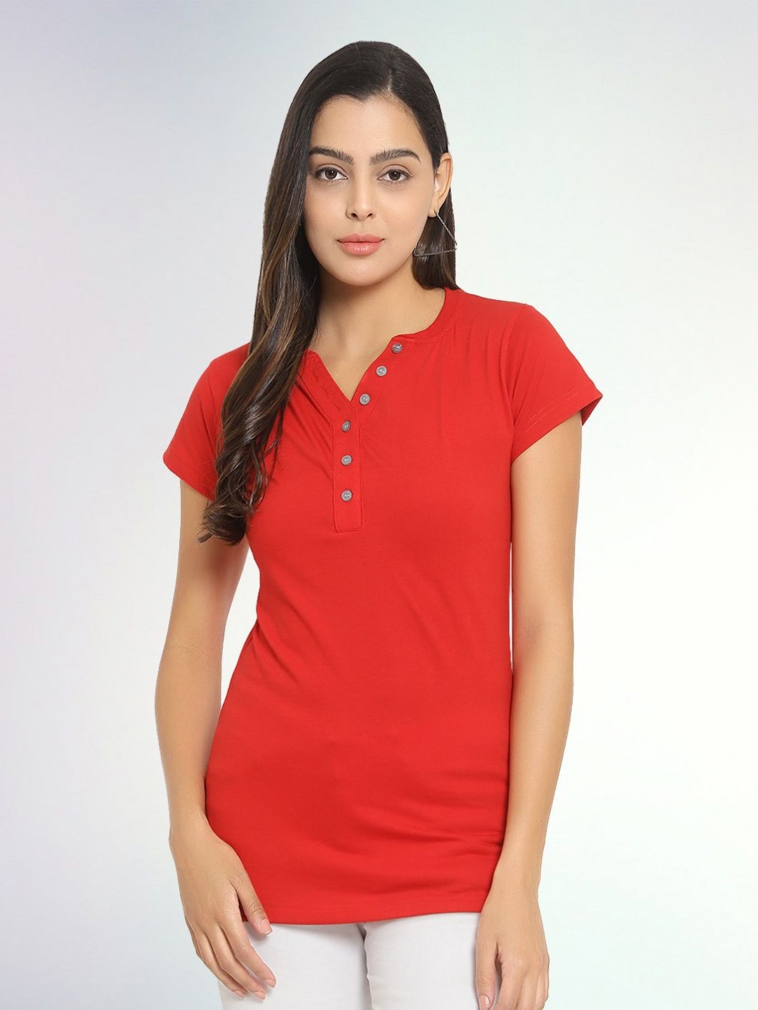 

Boldwink Women Solid V-Neck Cotton T-shirt, Red