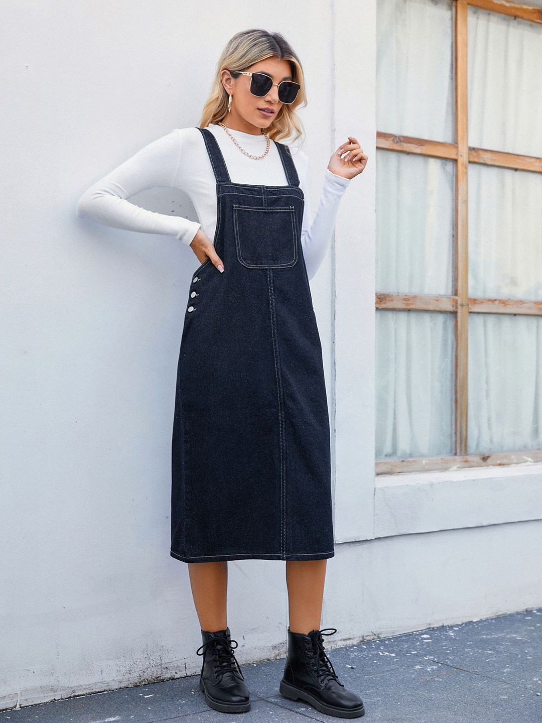 

StyleCast Tie-Up Neck Denim A-Line Dress, Navy blue