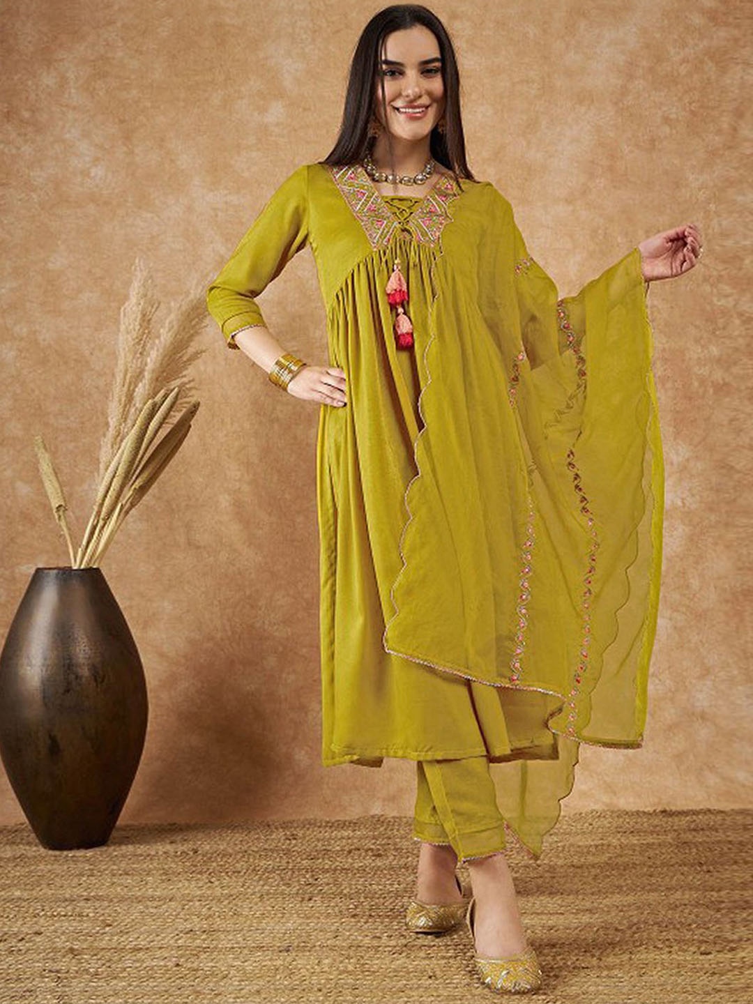 

Trendmalls Floral Embroidered Tie-Up Neck Sequinned Kurta with Trousers & With Dupatta, Olive