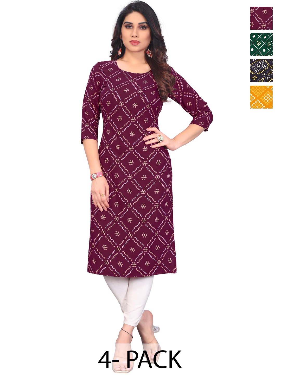 

KETAKI FASHION Selection Of 4 Bandhani Printed Round Neck Straight Kurtas, Maroon