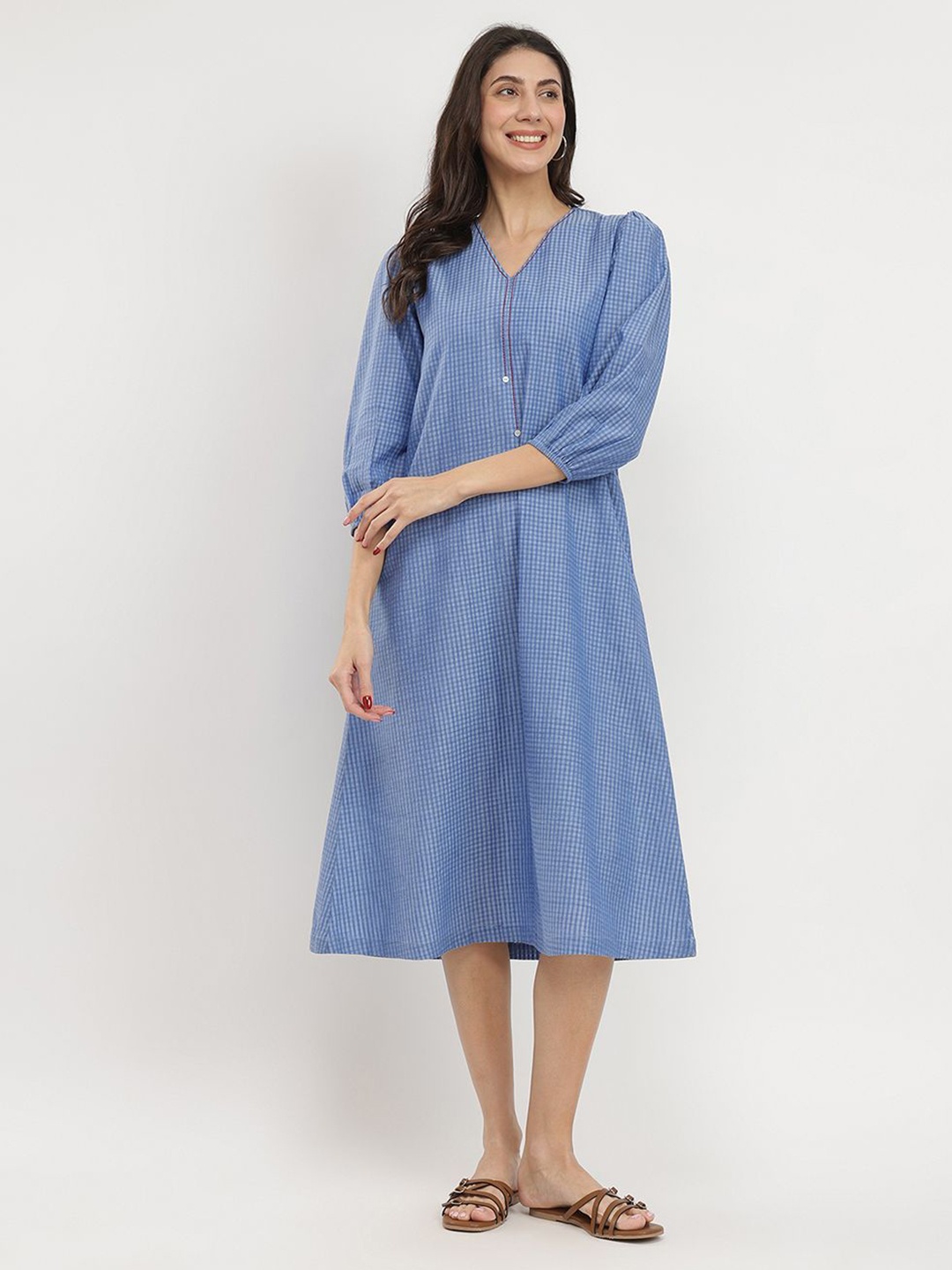 

Pink Fort Cotton Solid A-Line Dress - Blue
