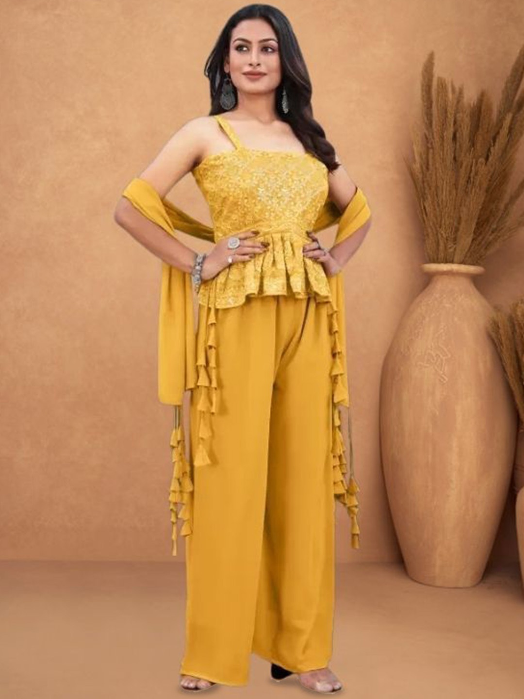 

PARROT CREATION Ethnic Motifs Embroidered Georgette A-Line Kurti With Palazzo And Dupatta, Yellow