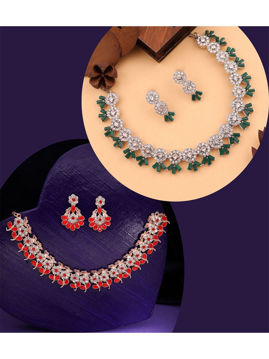 

DIVASTRI Set Of 2 Rose Gold & Silver-Plated American Diamonds Studded Jewellery Set