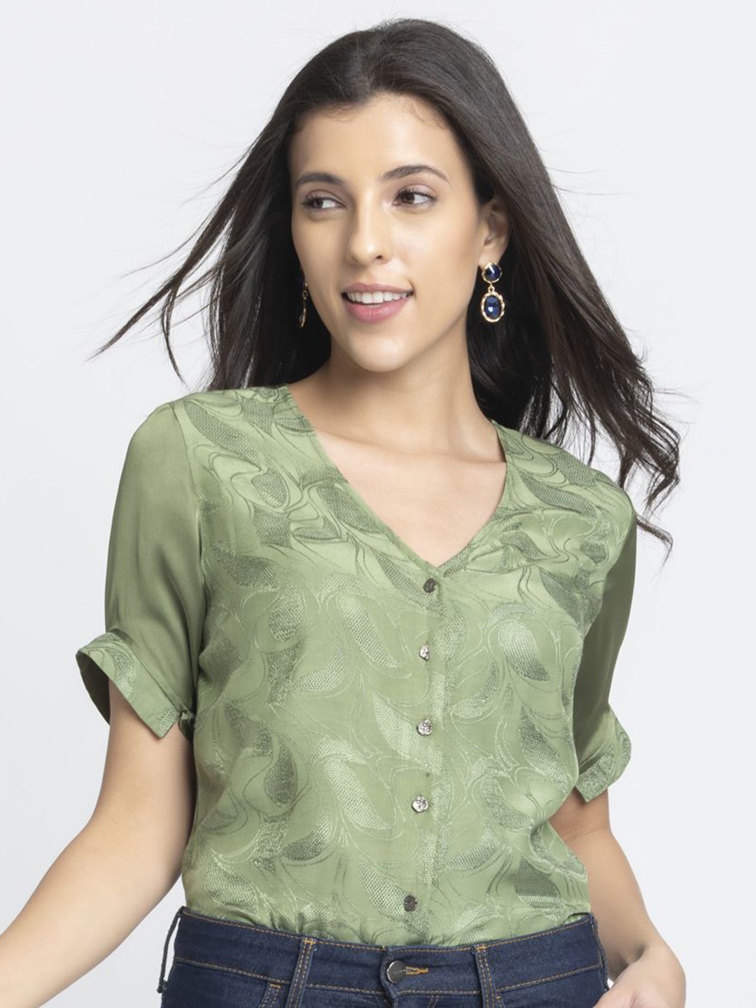 

SHAYE Women Relaxed Opaque Printed Casual Shirt, Olive