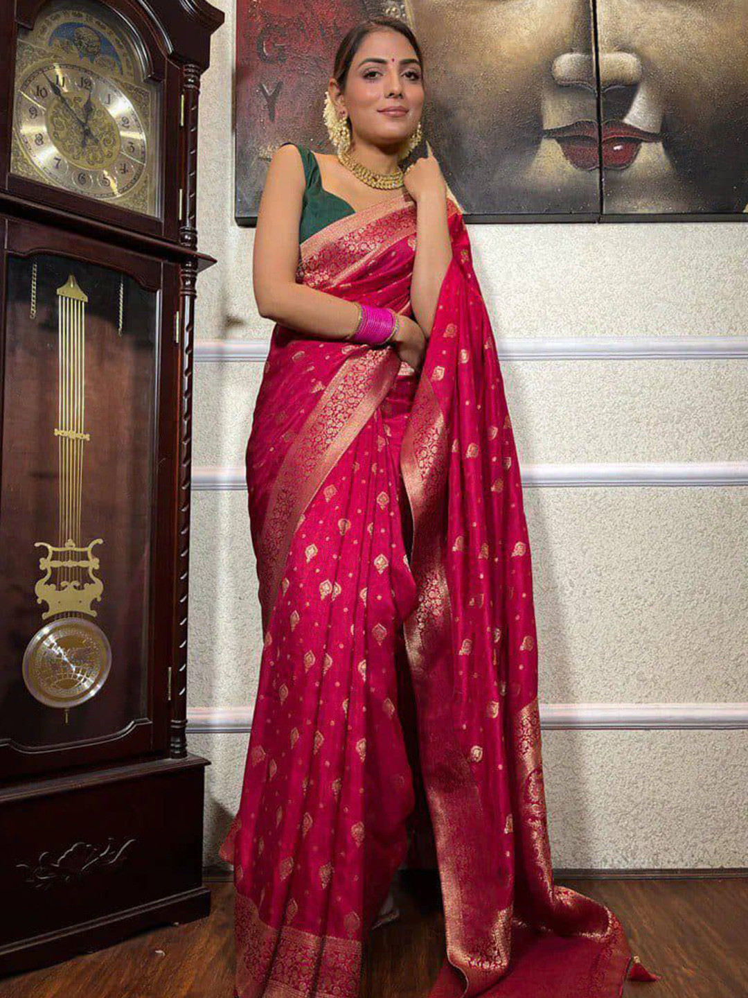 

LADY SHOPI Woven Design Zari Pure Silk Banarasi Saree, Pink
