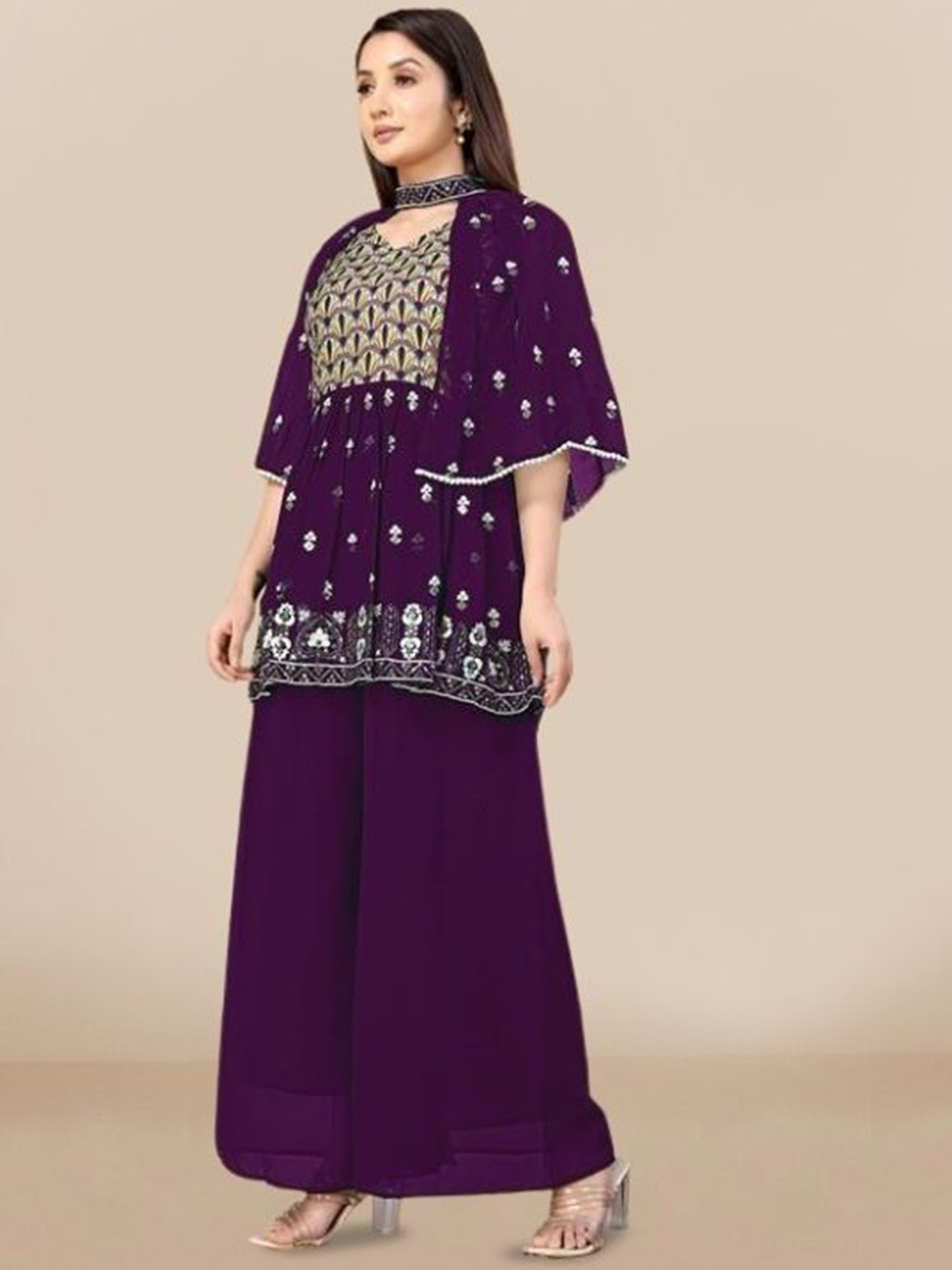 

PARROT CREATION Floral Embroidered Georgette Anarkali Kurti With Sharara, Purple