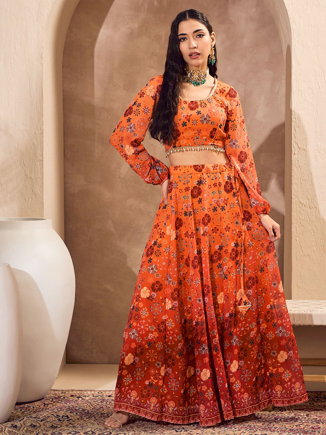 

Shae by SASSAFRAS Floral Printed Round Neck Lehenga & Blouse, Orange