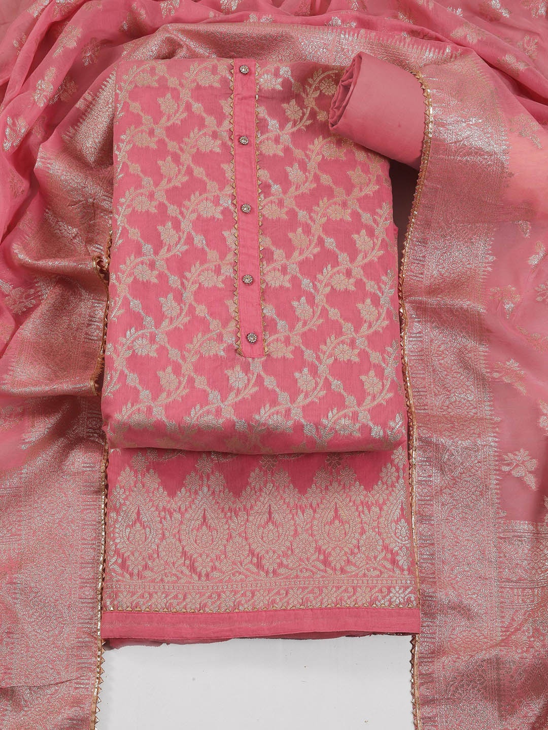 

TAVAS Ethnic Motifs Printed Art Silk Unstitched Dress Material, Pink