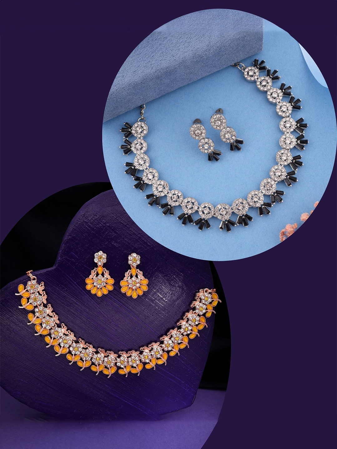 

DIVASTRI Set Of 2 Gold & Silver-Plated Artificial Stones Studded Necklace And Earrings