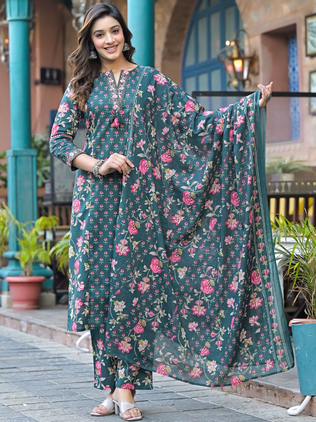 

AUTUMN LANE Floral Printed Notch Neck Pure Cotton Kurta With Trouser And Dupatta, Green