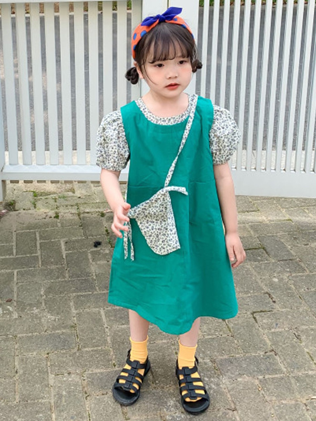 

LULU & SKY Girls Puff Sleeves A-Line Dress With Bag, Green