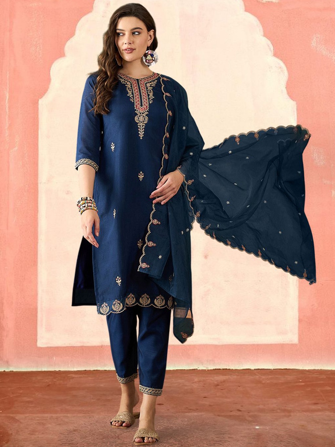 

Sangria Floral Embroidered Sequinned Work Straight Kurta With Trouser & Duputta, Navy blue