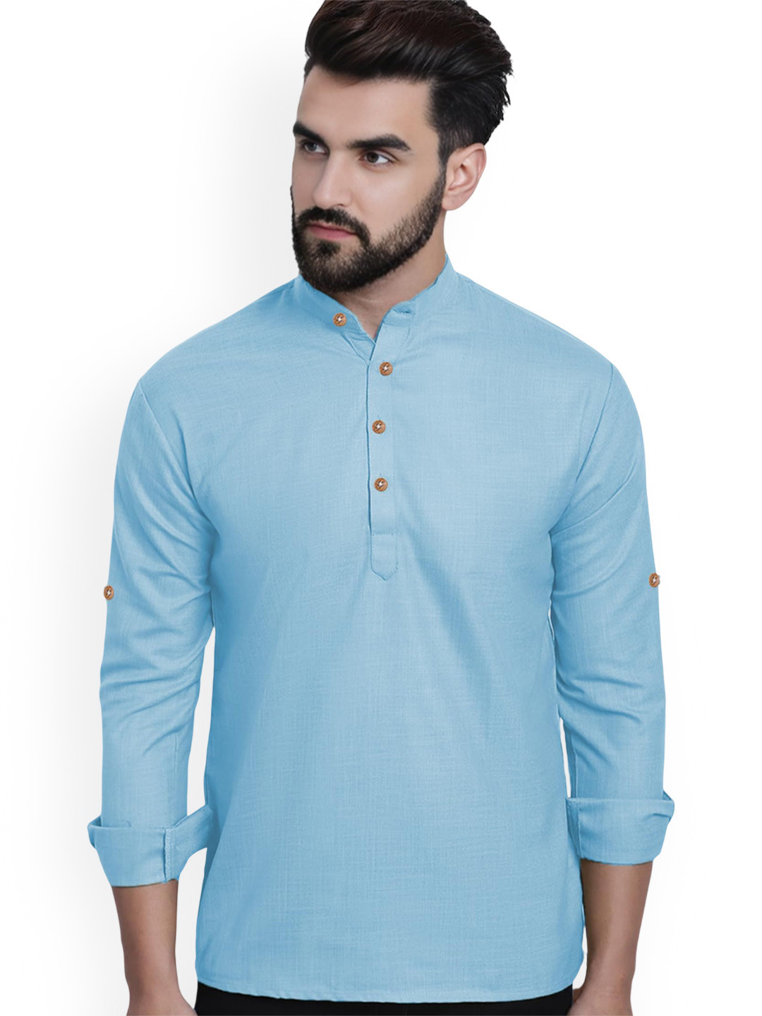 

Vida Loca Band Collar Rolled-Up Sleeves Pure Cotton Slim Fit Straight Short Kurta, Blue