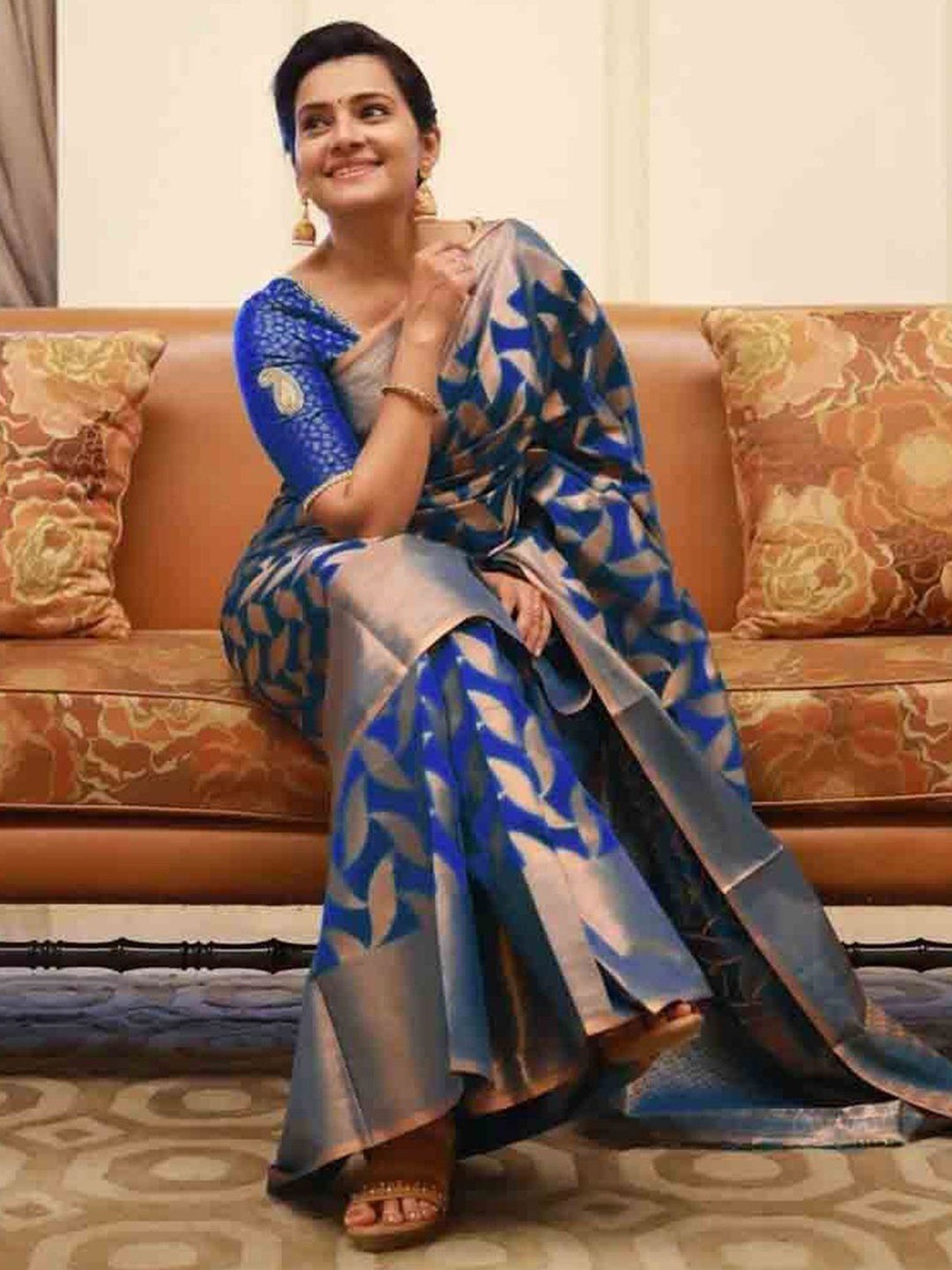 

Florence Woven Design Zari Pure Silk Saree, Blue