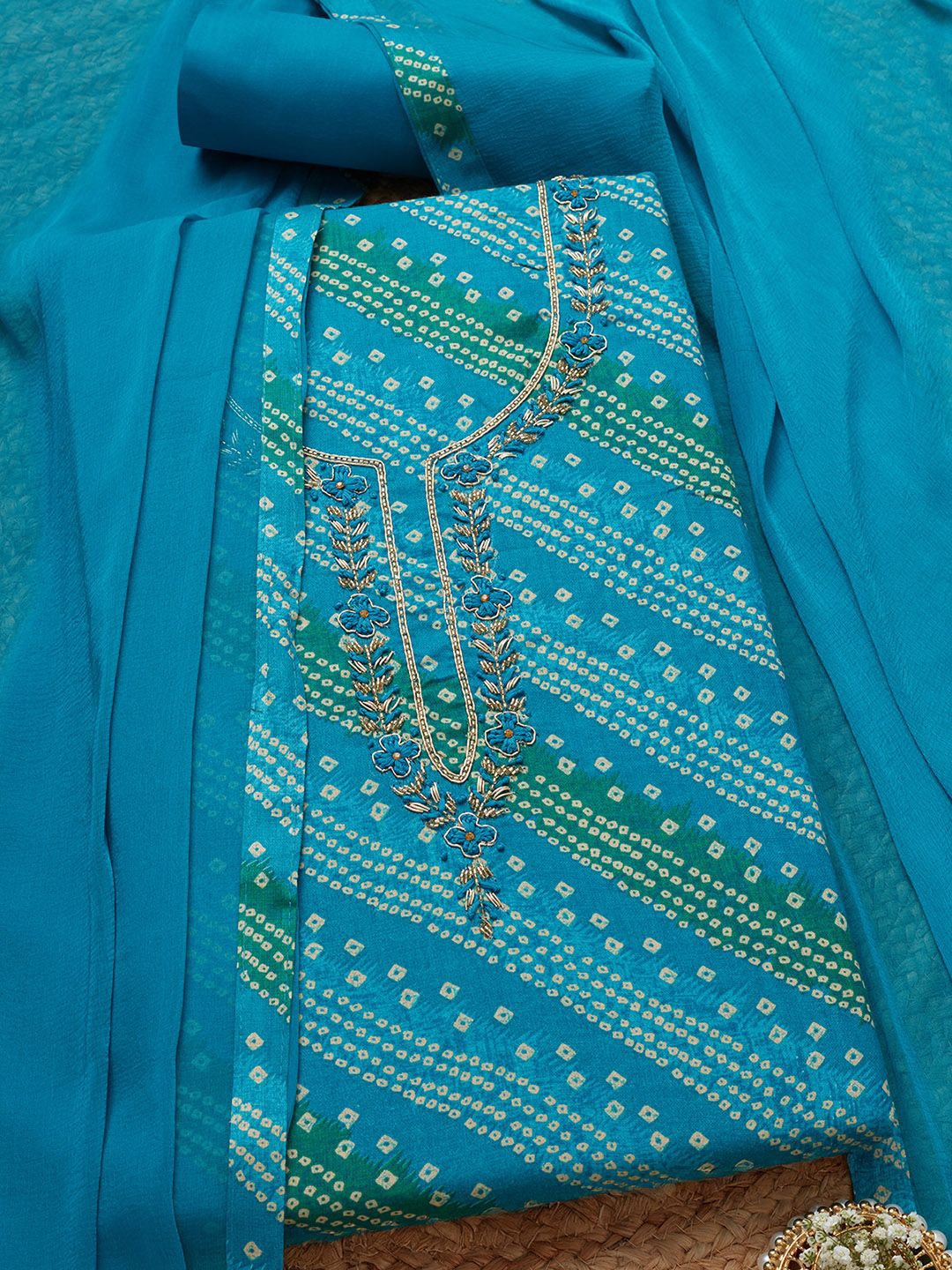 

Soch Bandhani Printed Beads Work Unstitched Dress Material, Turquoise blue