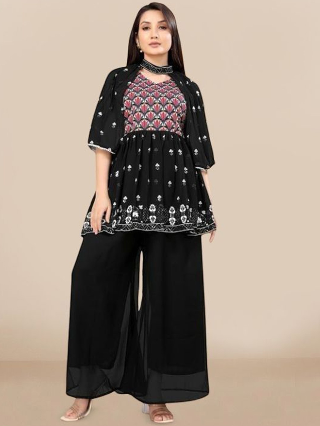 

PARROT CREATION Floral Embroidered V-Neck Georgette A-Line Kurti With Palazzos And Cape, Black