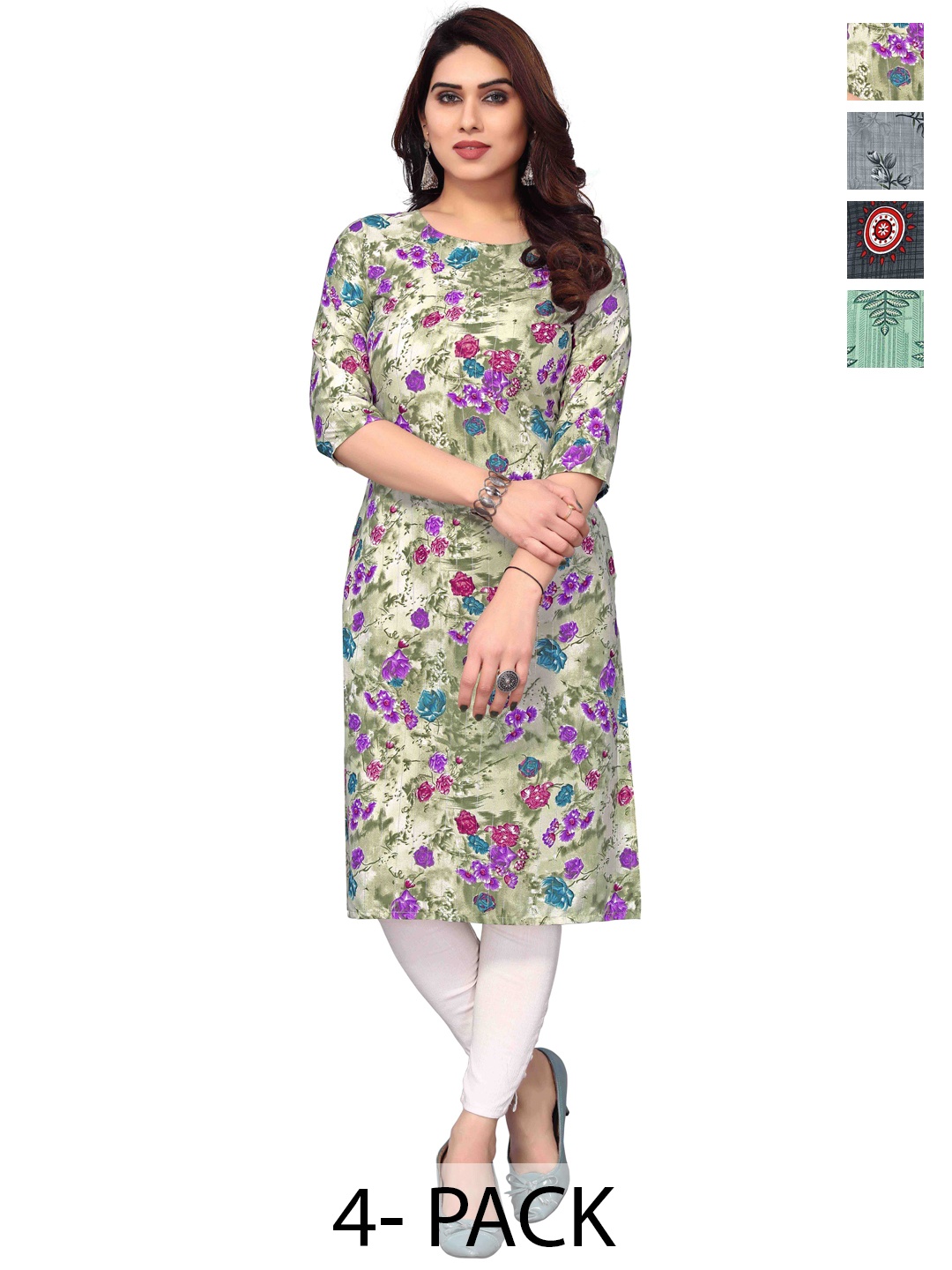 

KETAKI FASHION Selection Of 4 Floral Printed Round Neck Straight Kurtas, Green