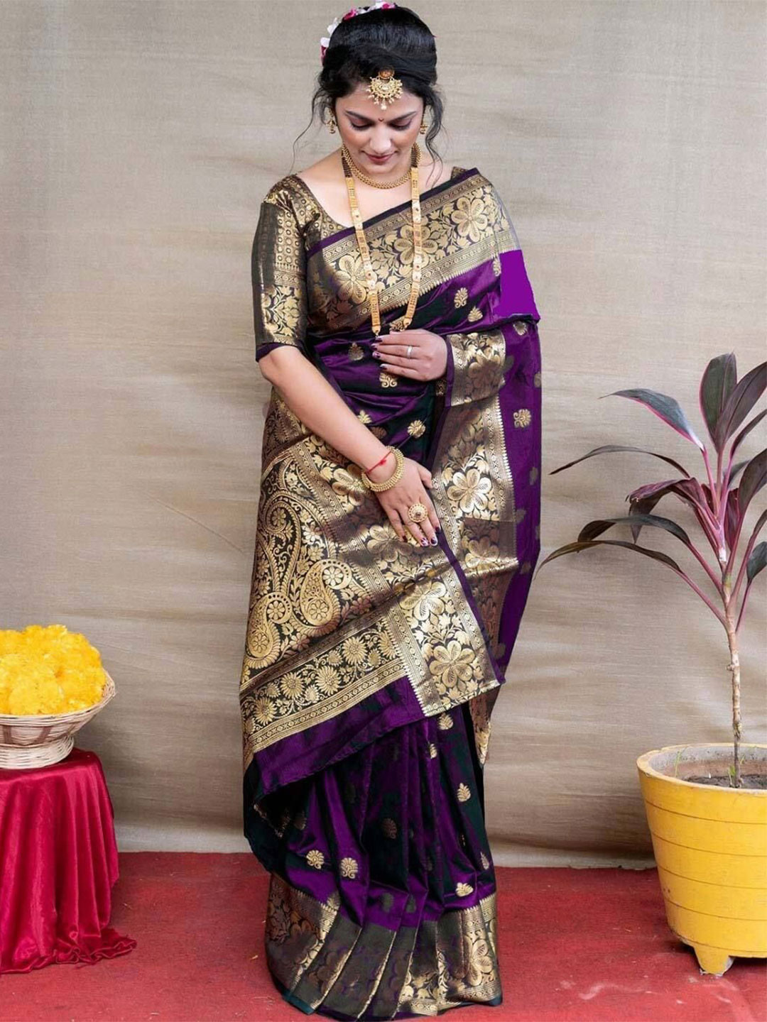 

Florence Woven Design Zari Pure Silk Kanjeevaram Saree, Purple