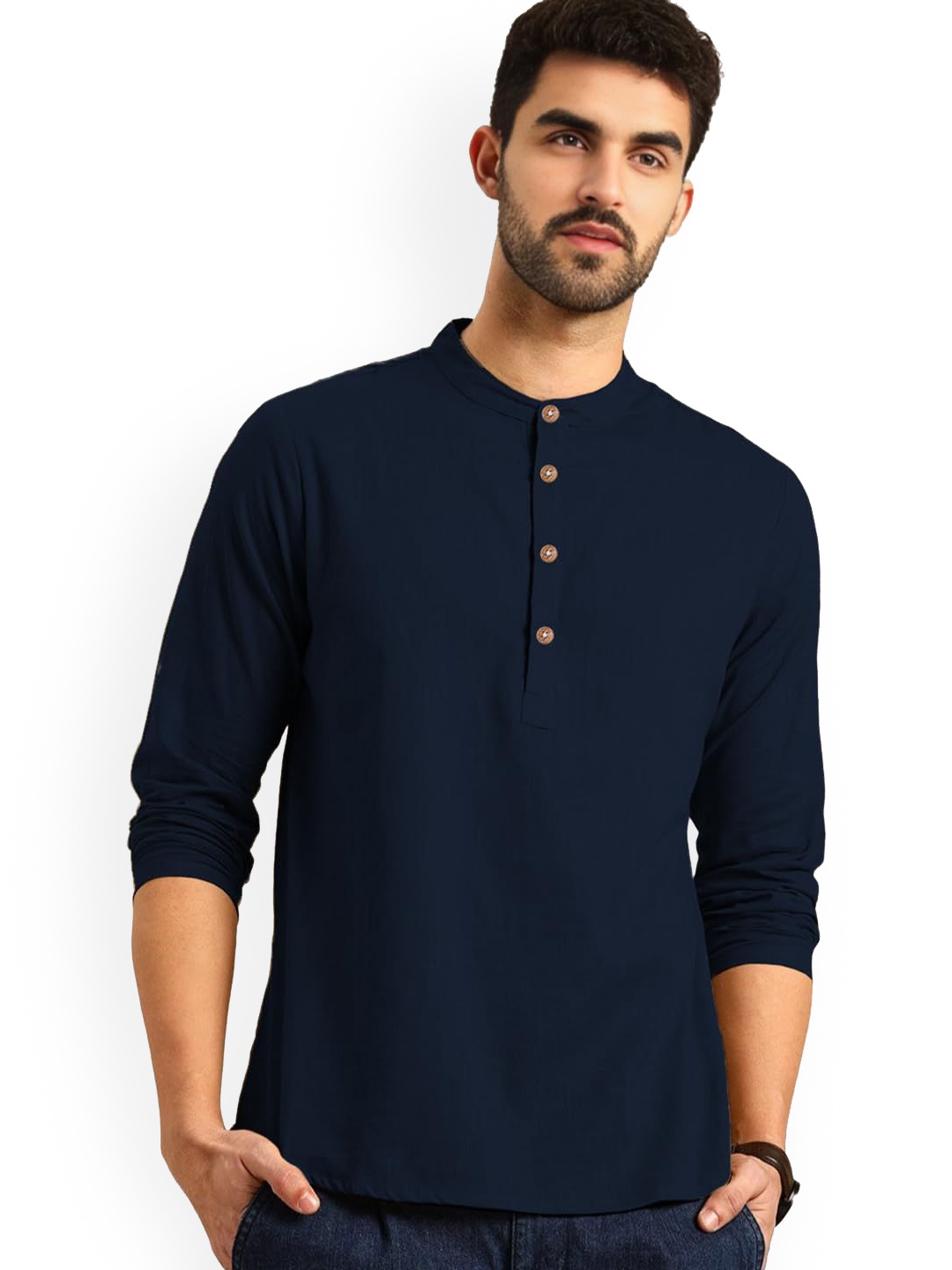 

Vida Loca Band Collar Cotton Slim Fit Straight Short Kurta, Navy blue