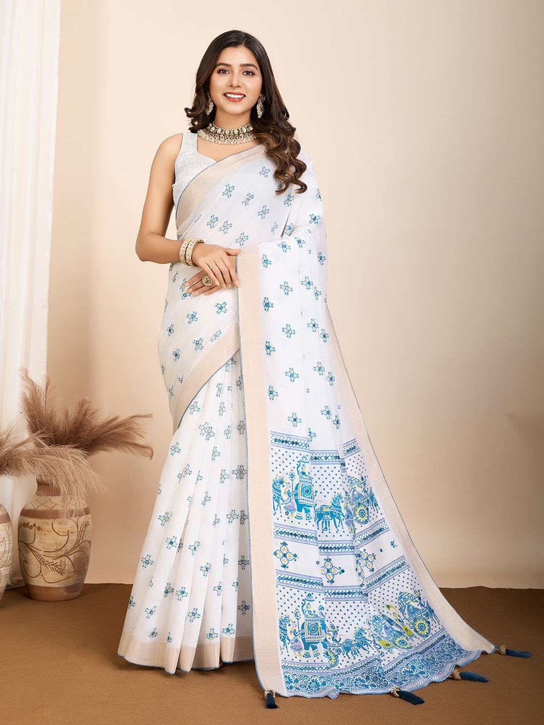 

Nimidiya Ethnic Motifs Mirror Work Pure Cotton Saree, Blue