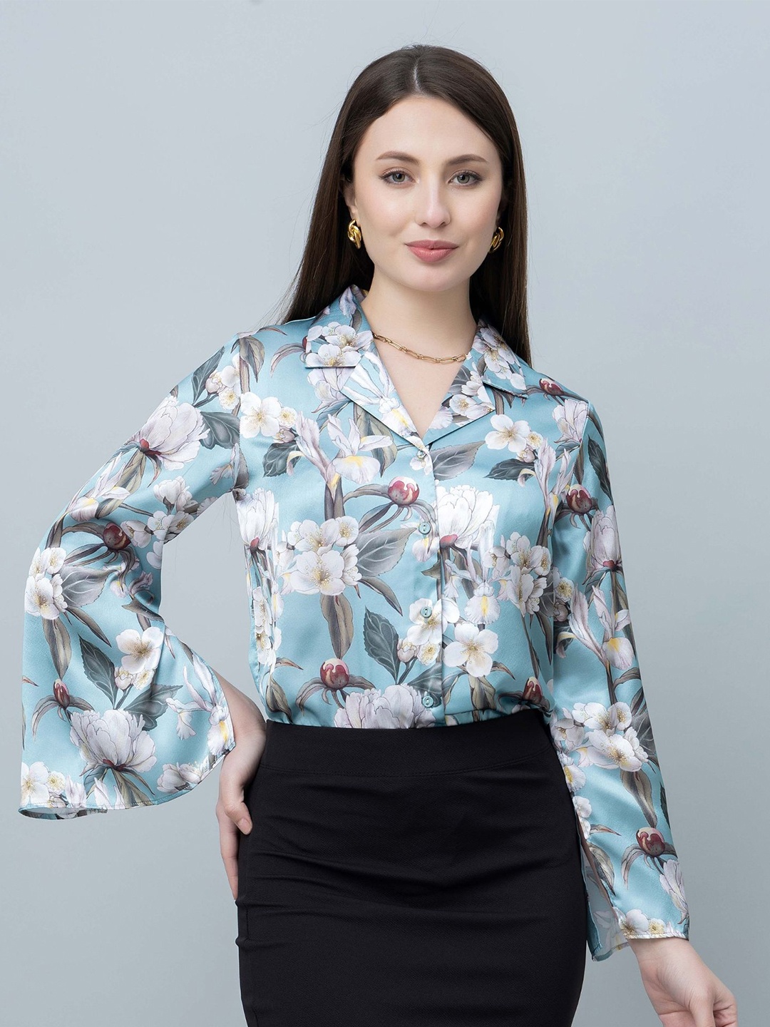 

PURYS Women Modern Floral Opaque Printed Party Shirt, Blue