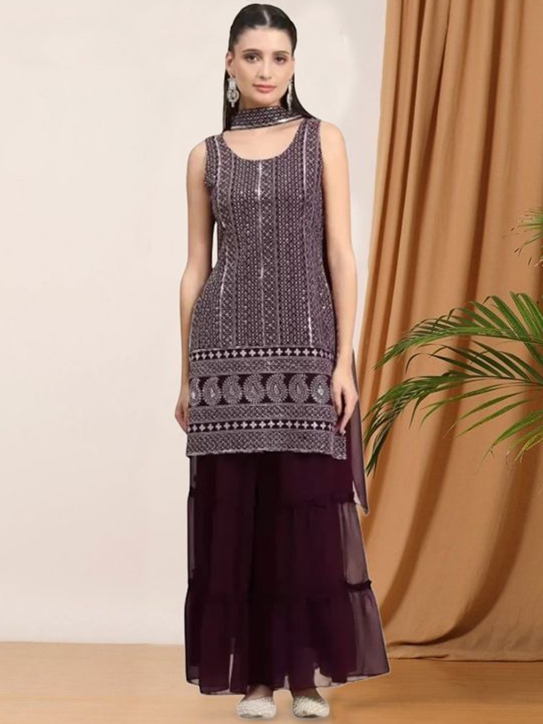 

PARROT CREATION Geometric Embroidered Georgette Straight Kurti With Sharara & Dupatta, Burgundy
