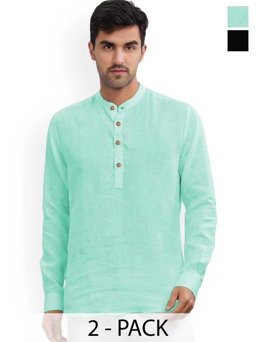 

Vida Loca Selection Of 2 Band Collar Cotton Straight Short Kurtas, Sea green