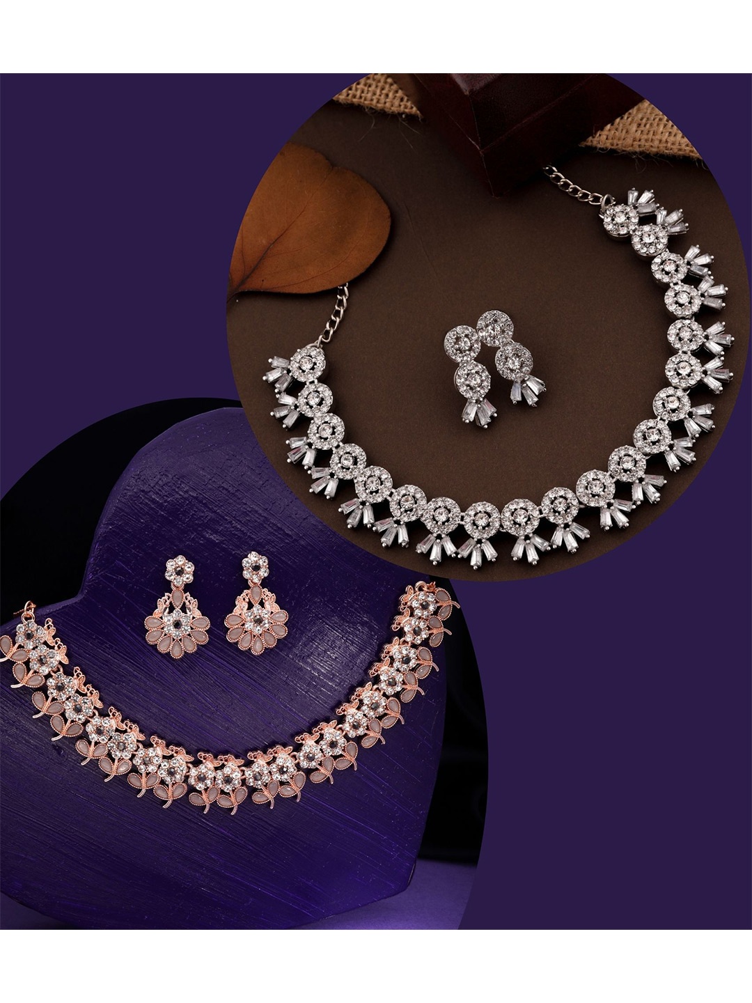 

DIVASTRI Set Of 2 Rose Gold & Silver-Plated American Diamonds Studded Jewellery Set