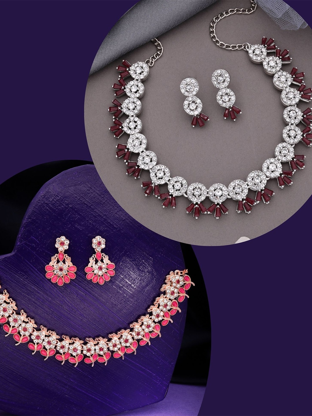 

DIVASTRI Set Of 2 Rose Gold & Silver-Plated American Diamonds Studded Jewellery Set