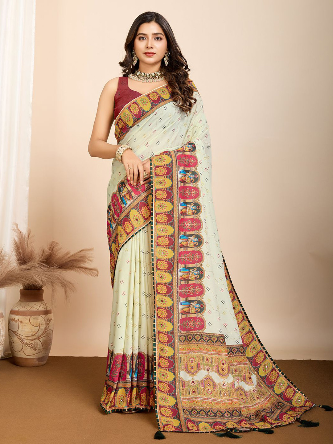 

Iris Embellished Mirror Work Pure Cotton Saree, Cream