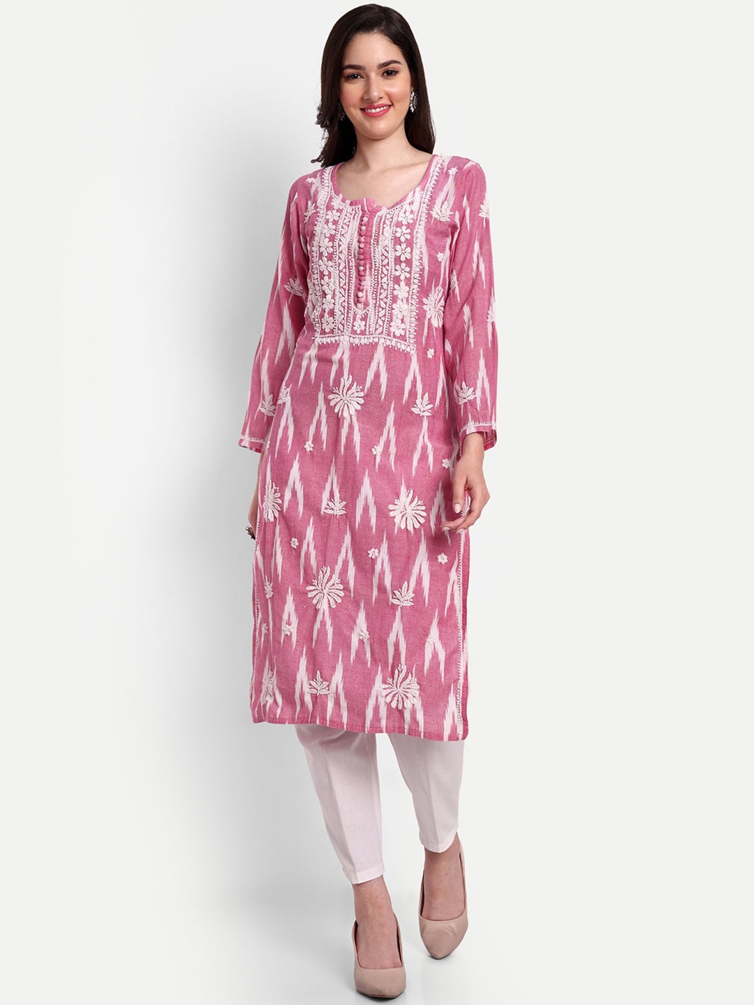 

Indiankala4u Geometric Printed Chikankari Notch Neck Pure Cotton Straight Kurta, Pink