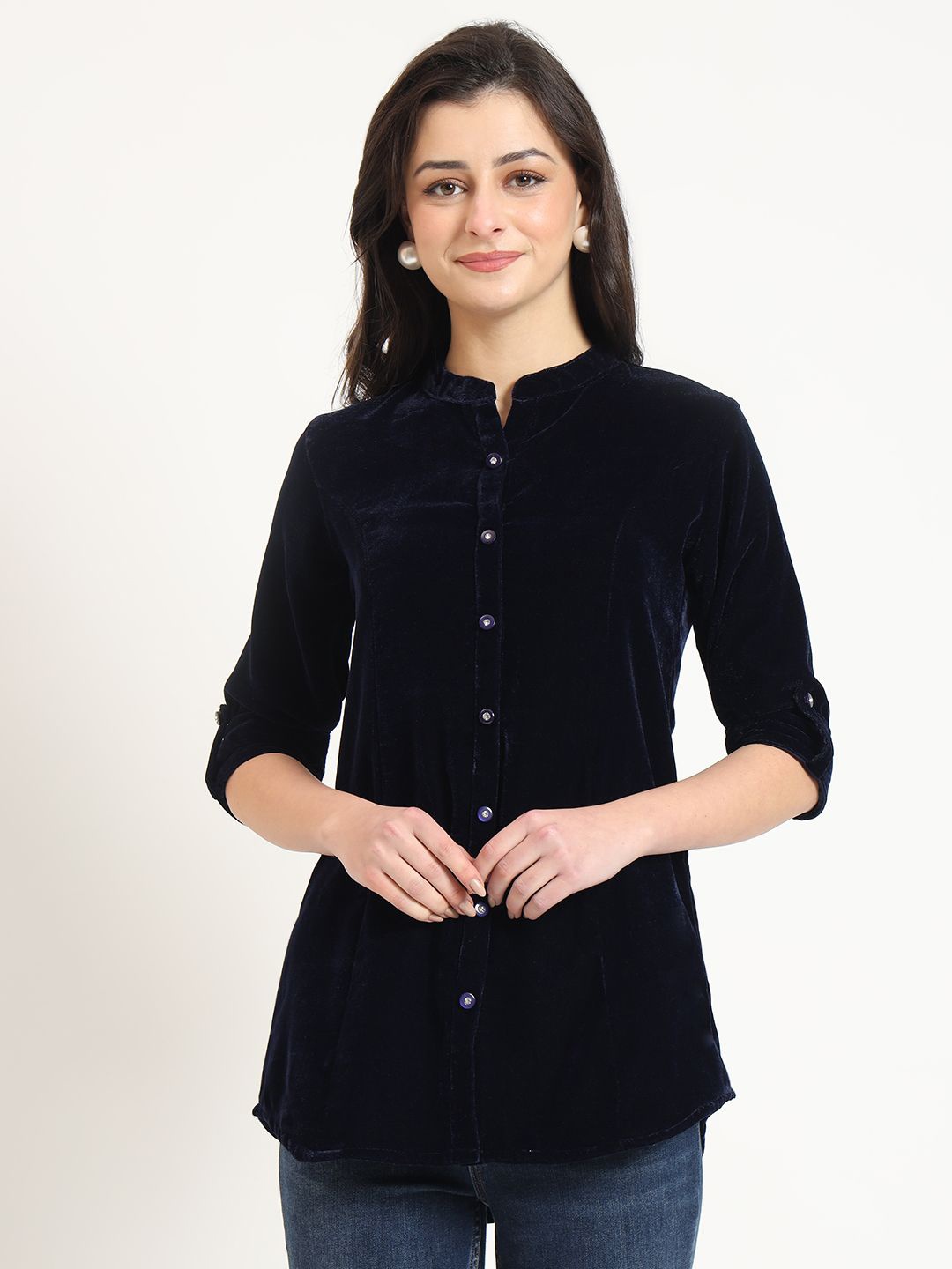 

Divena Mandarin Collar Roll-Up Sleeves Velvet Shirt Style Top, Navy blue