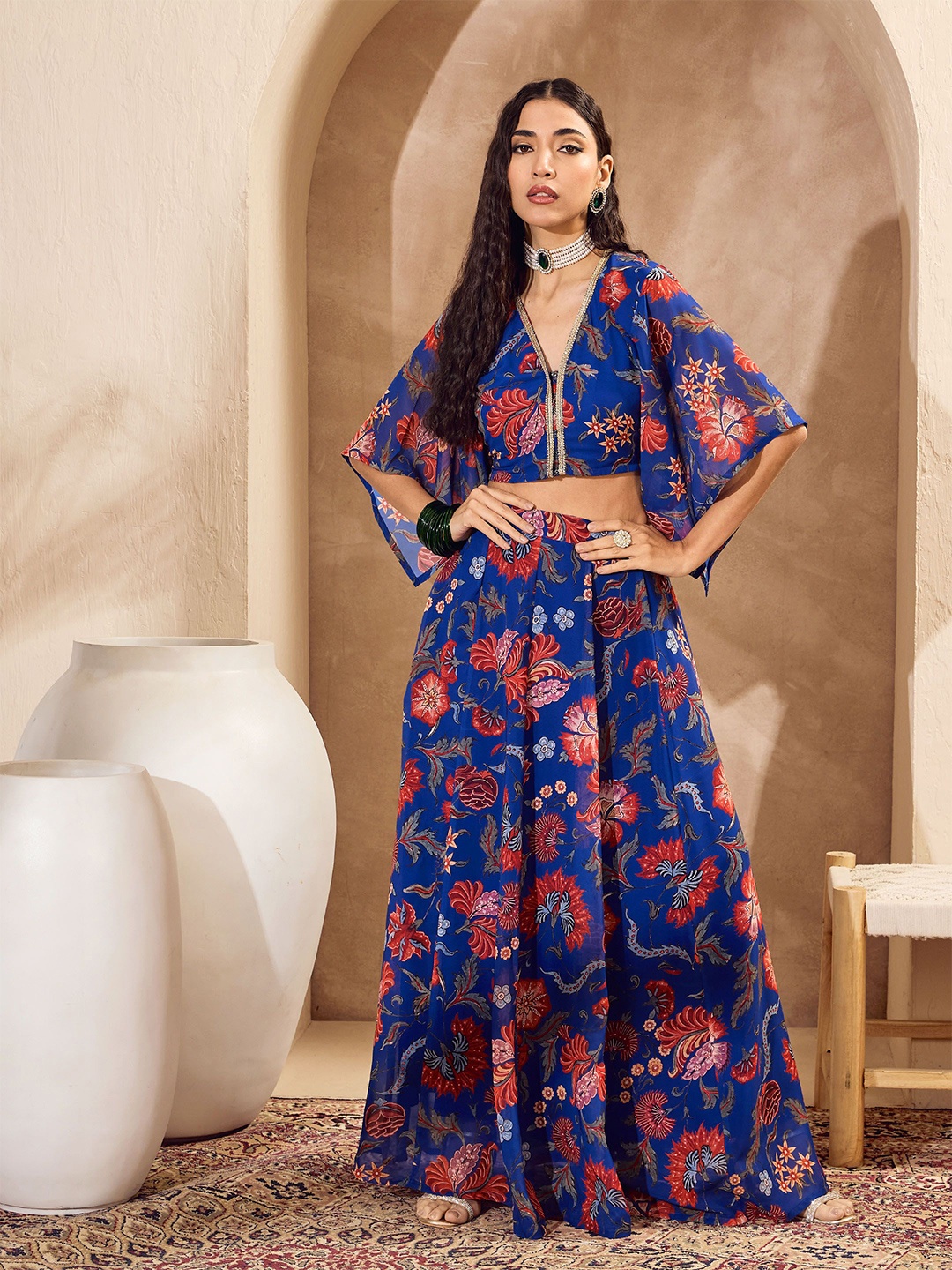 

Shae by SASSAFRAS Floral Printed Flared Sleeves V-Neck Lace Ready to Wear Choli, Blue