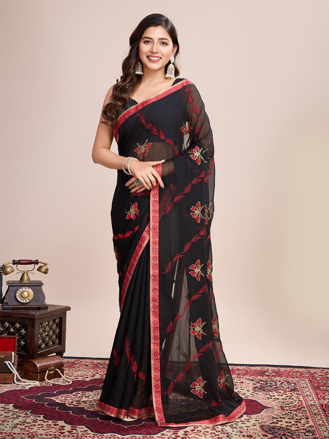 

ORUS Embellished Embroidered Pure Georgette Saree, Red